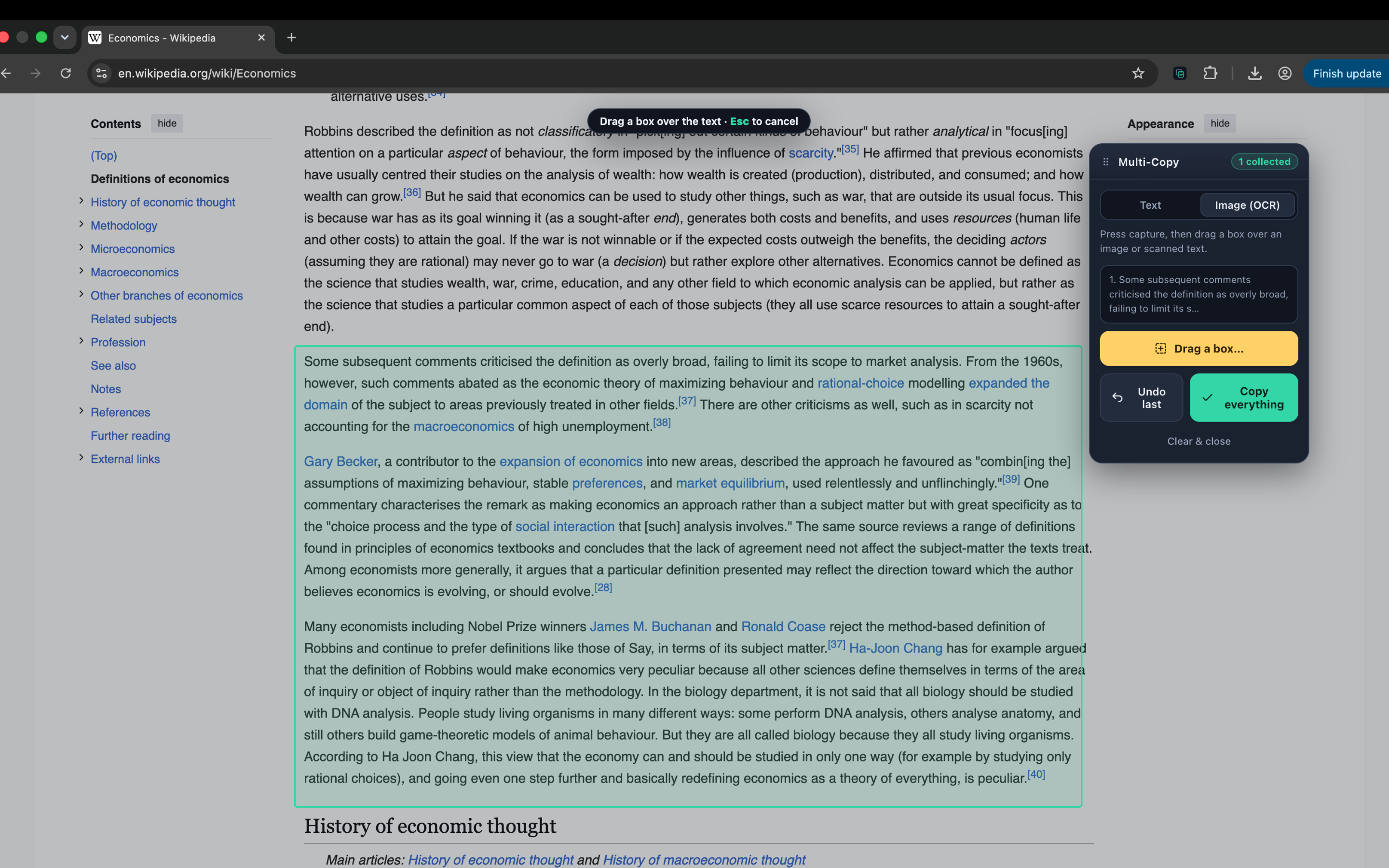 Multi-Copy selecting an area of a web page